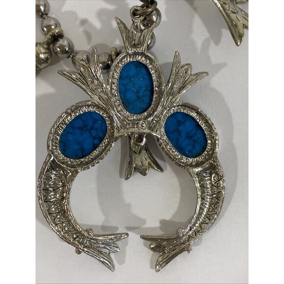Vtg Arthur Pepper Faux Southwestern Squash Blossom Necklace Silver Turquoise - Picture 8 of 10